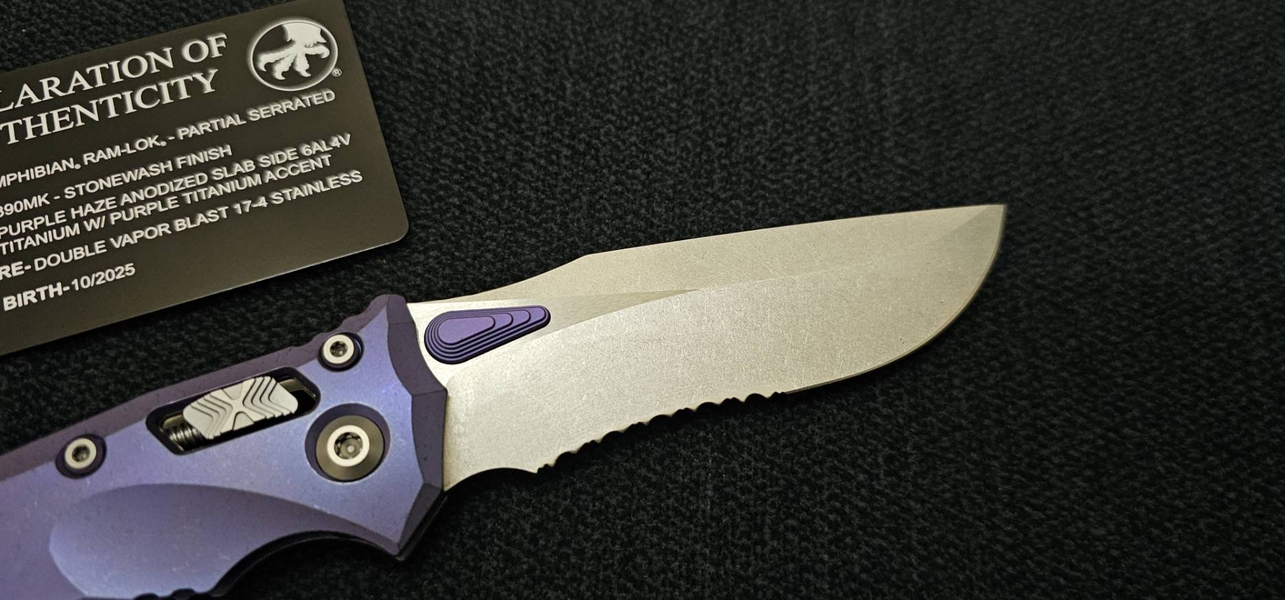Microtech Marfione Select Amphibian RAM LOK Purple Haze Titanium Handles & Part Serrated Stonewash M390MK w/ Double Vapor Blast & Purple Accents