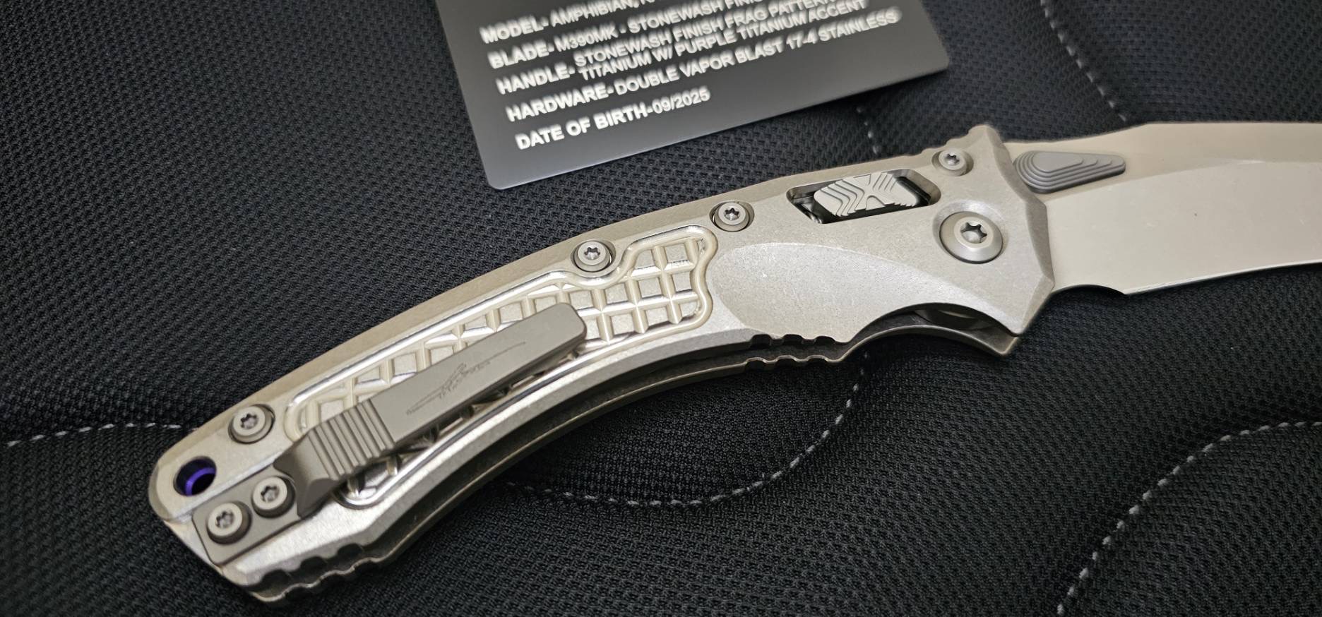 Microtech Marfione Select Amphibian RAM LOK Titanium Frag Handles & Stonewash M390MK w/ Double Vapor Blast & Purple Accents