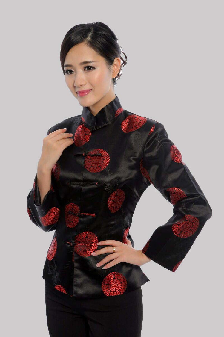 Pre-order เสื้อคอจีน ผู้หญิง ผ้าไหมจีน ทอลาย แขนยาว สีดำ