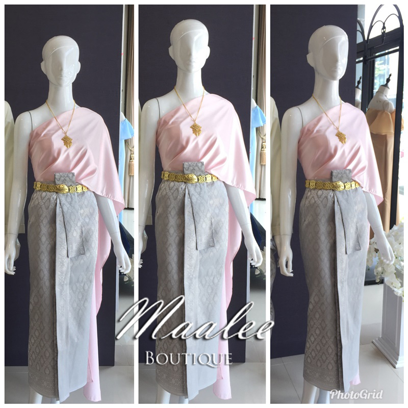 เช่า ชุดไทย ชุดเพื่อนเจ้าสาว ชุดไทยผ้าถุงสีเทาเงิน สไบเรียบ สีชมพูอ่อน