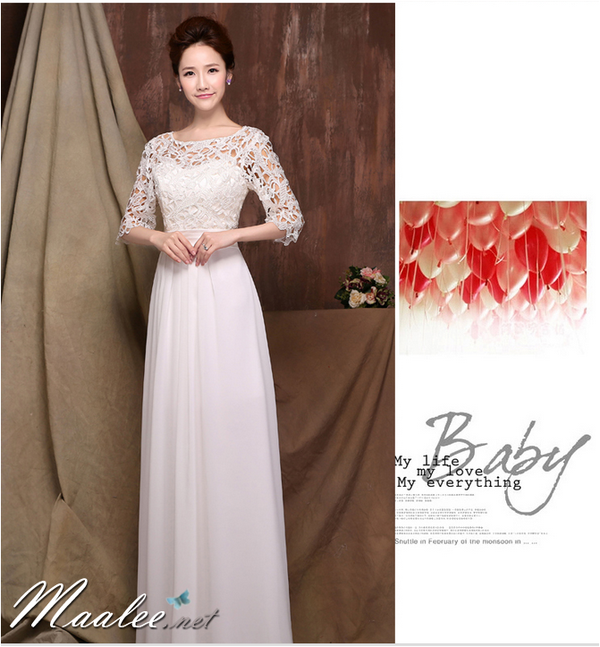 พร้อมส่ง ชุดราตรียาว สีขาว แขนสามส่วน ลูกไม้ฉลุ กระโปรงผ้าชีฟอง