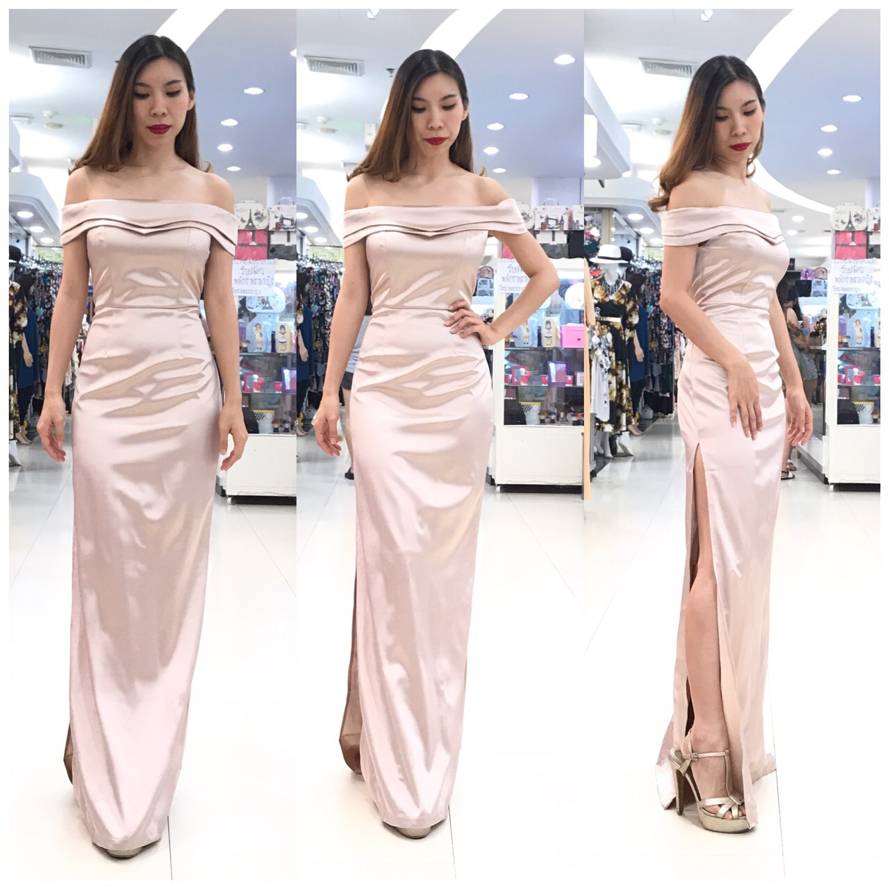 พร้อมเช่า ชุดเดรส ไหล่ปาดเว้าหัวใจ ผ่าข้าง ผ้าดัชเชส สีทอง rose gold