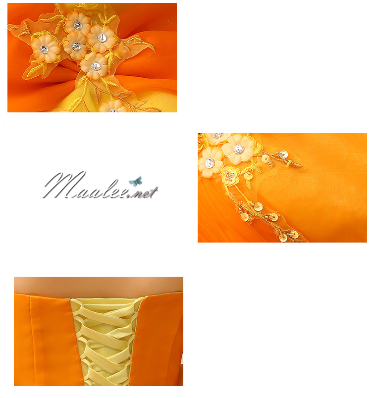 พร้อมเช่า ชุดแฟนซี ชุดราตรี ไหล่เดียว สีส้มแต่งระบายสีเหลือง น่ารัก แต่งโบว์เพิ่มความหวาน