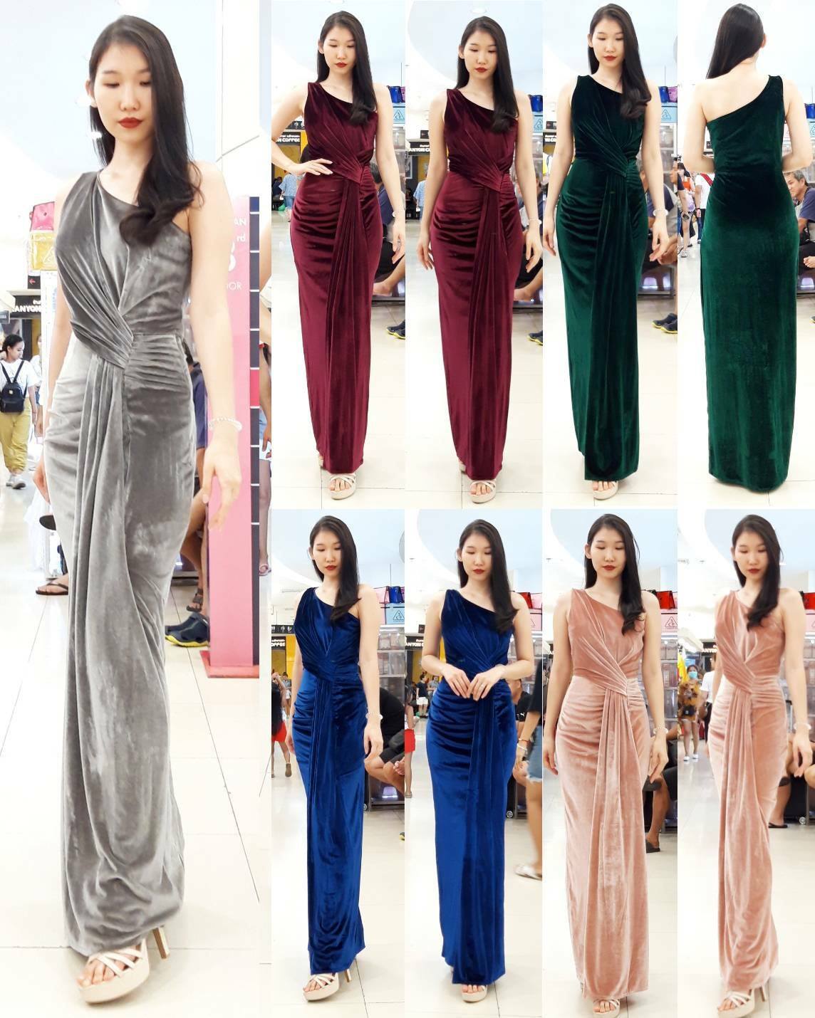 พร้อมเช่า ชุดเดรส เดรสไหล่เดียว แพทเทิร์นเก๋ จับเดรปหน้า สีน้ำเงิน เนื้อกำมะหยี่