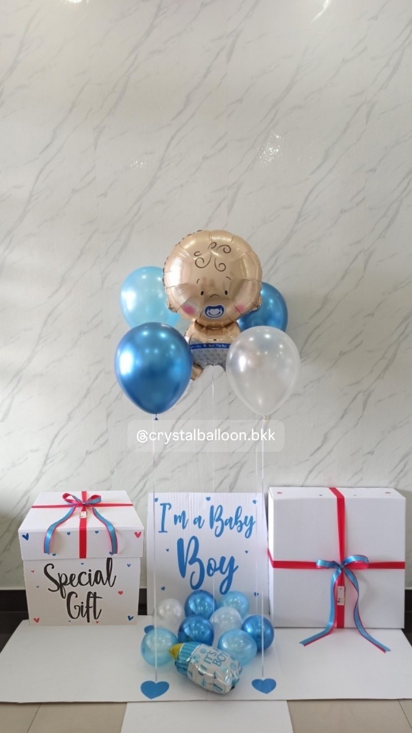 Surprised Box กล่องทายเพศ พร้อมตกแต่ง ลูกโป่ง 4 ลูก ฟอยล์เด็กทารก 1 ชิ้น,สามารถใส่รูปได้ 2 รูป สามารถเปลี่ยนสีลูกโป่ง/เปลี่ยนสี-ฟอยล์ตกแต่ง/เปลี่ยนข้อความได้