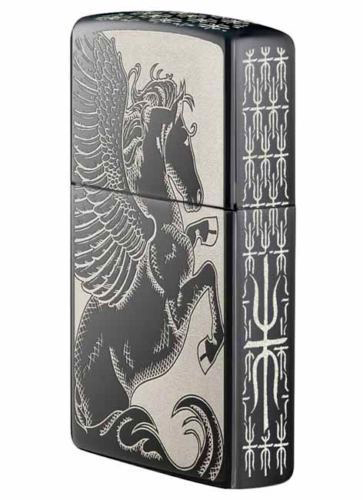 ไฟแช็ค Zippo แท้ ลายม้าเพกาซัส "Winged Pegasus Black Ice Chrome" #28802 แท้นำเข้า 100%