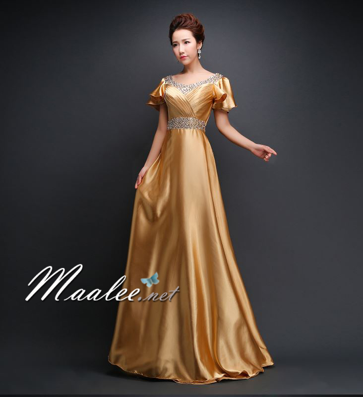 พร้อมเช่า สำหรับสาวไซส์ใหญ่ ชุดราตรียาว แบบแขนสั้น ผ้าซาตินสวยสง่า อกจับจีบปักเลื่อมช่วงอก-เอว สีทอง (เชือกผูกหลัง)