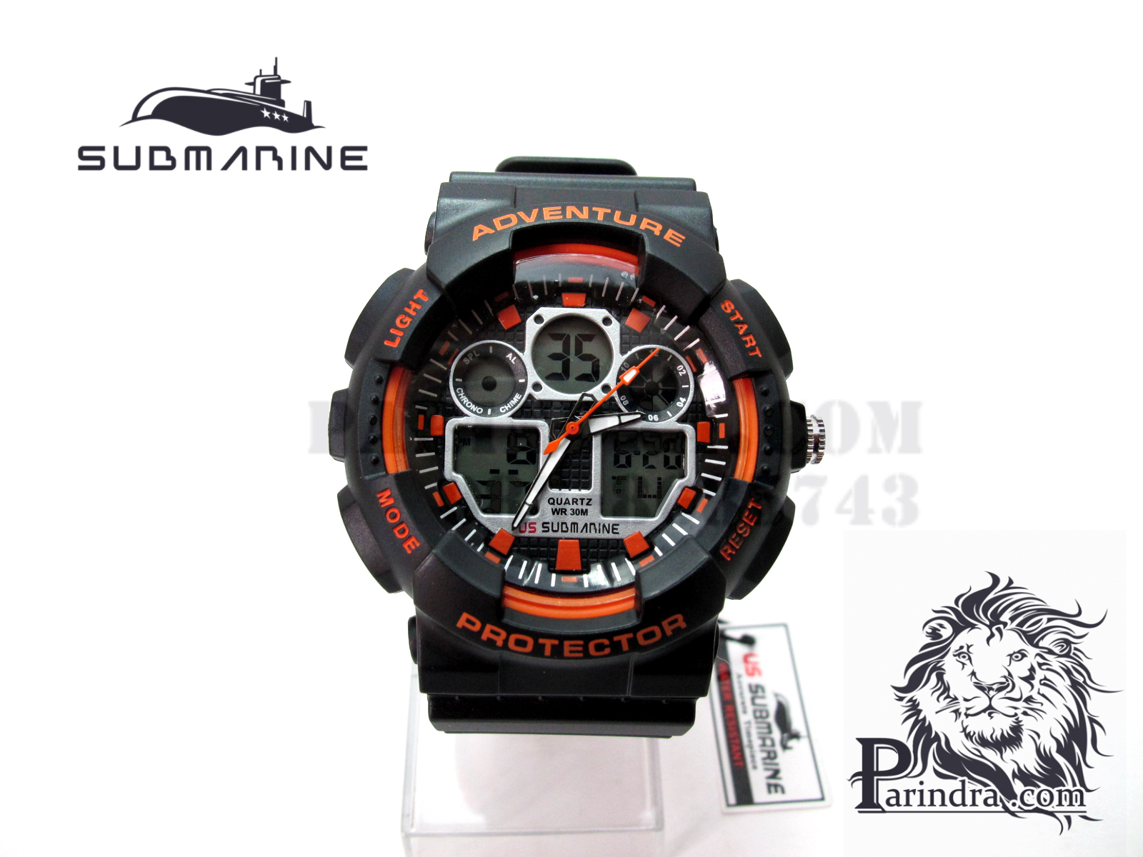 นาฬิกา US submarine Adventure Protector รุ่น TP3129M สีดำตัดส้มผิวด้าน พื้นหลังเทา