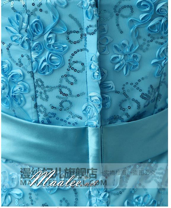 พร้อมส่ง ชุดราตรียาว เกาะอก สีฟ้า ลูกไม้ริบบิ้นปักเลื่อม ทรงหางปลาพร้อมโบว์คาดเอว