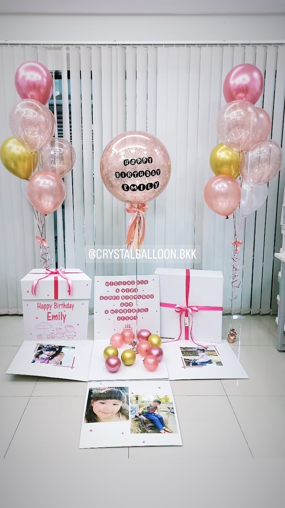 Happy Birthday Surprise Box กล่องเซอร์ไพรส์วันเกิด Bubble ขนาด 24" Theme โรสโกล พร้อมตกแต่ง ช่อลูกโป่ง 7 ลูก 2 ช่อ,ลูกโป่งใส ใส่กลิตเตอร์,สามารถใส่รูปได้ 4 ใบ สามารถเปลี่ยนสีลูกโป่ง/เปลี่ยนข้อความได้
