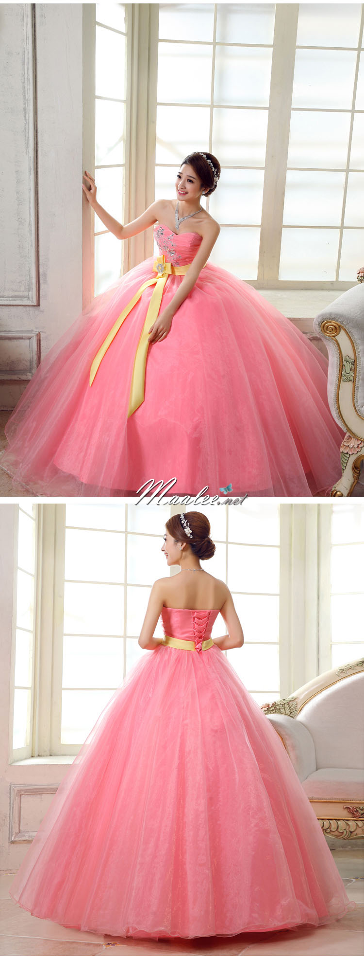 พร้อมเช่า ชุดแฟนซี ชุดราตรียาว เกาะอก สีโอโรส แต่งคริสตัลหรู ผ้าคาดเอวสีเหลือง พร้อมเข็มกลัด