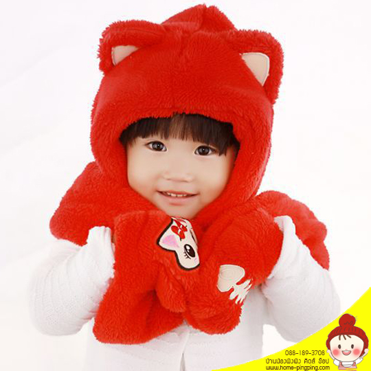 หมวกคลุมลูกแมว สีแดง เนื้อผ้าขนสัตว์นิ้มนิ่ม หูยาว สวมมือได้ พันคอได้