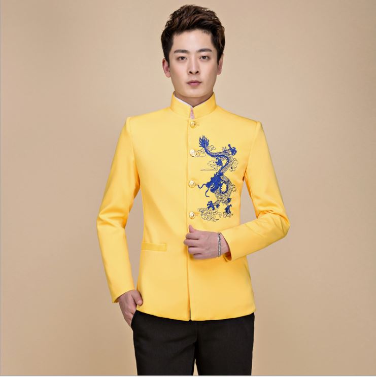 Pre-order ชุดสูทจีนชาย สีเหลือง ปักอกลายมังกรสีน้ำเงิน คอปีน แขนยาว สไตล์จีน