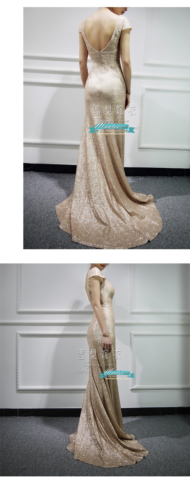 พร้อมส่ง ชุดราตรียาว แบบแขนสั้น ผ้าหลัง สีเทา เนื้อผ้าแต่งเลื่อมทั้งตัว ทรงหางปลา