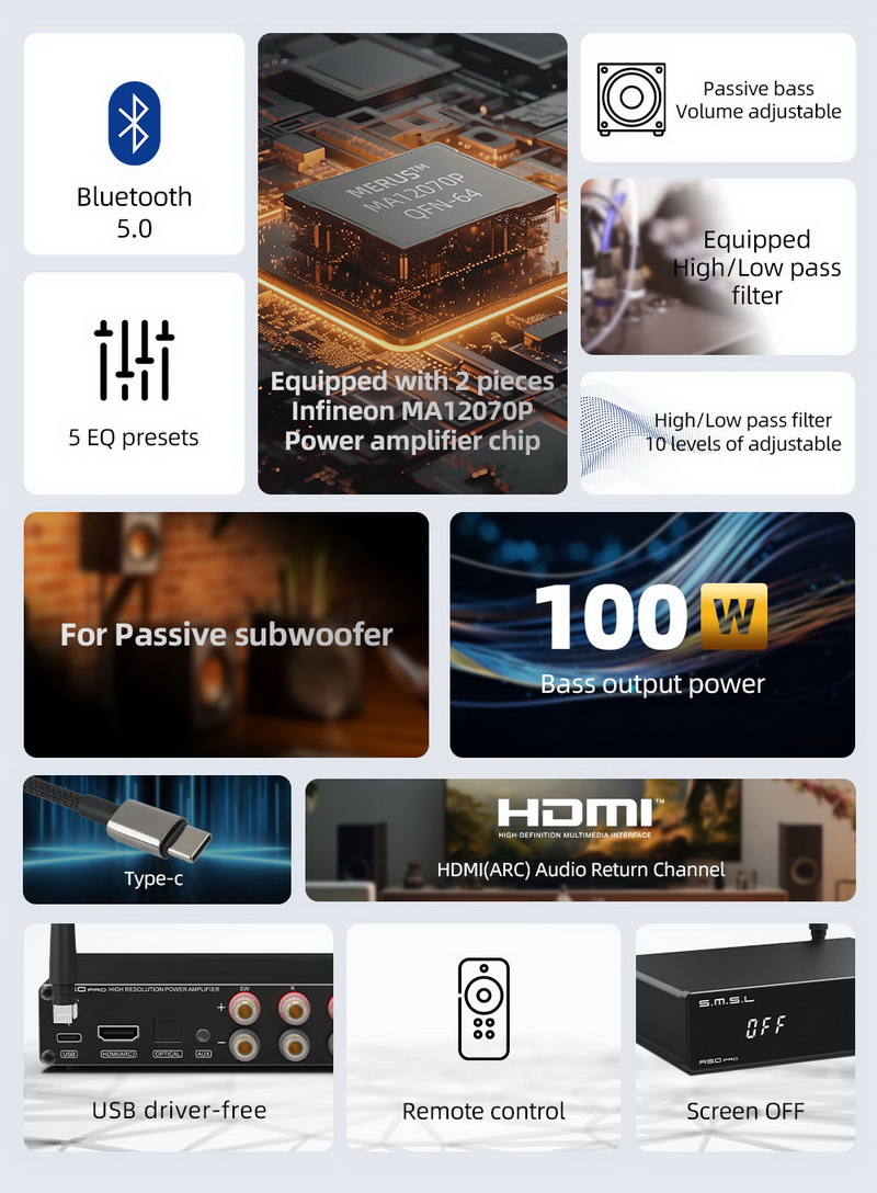 SMSL A50 Pro เครื่องขยายเสียง 2.1 แชนแนล สำหรับโฮมเฮียเตอร์ รองรับ Hi-Res ประกันศูนย์ไทย