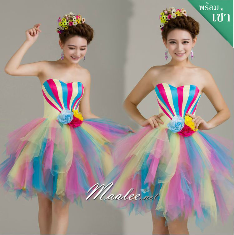 พร้อมเช่า ชุดแฟนซี เกาะอก ชุดราตรีสั้น สายรุ้ง Rainbow น่ารักมากมาย กระโปรงสีสวย