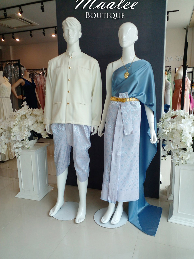 เช่า ชุดไทย ชุดเพื่อนเจ้าสาว ชุดไทยผ้าถุงสีชมพูฟ้าเงิน สไบเรียบสีเทาฟ้าเข้ม