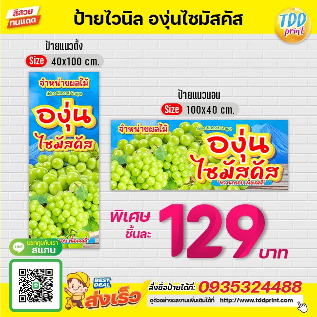 ป้ายไวนิลผลไม้องุ่นไซมัสคัสV2 ป้ายทนแดด กันน้ำ ภาพคมชัด สีสวยสดใส พร้อมใช้งาน