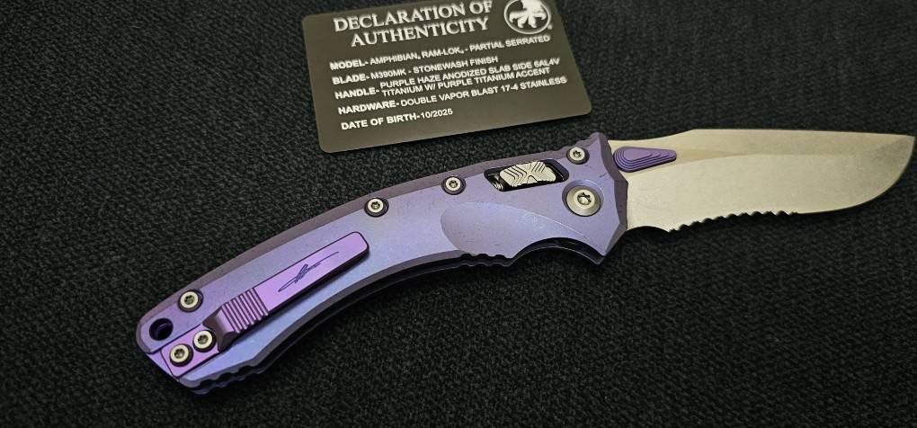 Microtech Marfione Select Amphibian RAM LOK Purple Haze Titanium Handles & Part Serrated Stonewash M390MK w/ Double Vapor Blast & Purple Accents