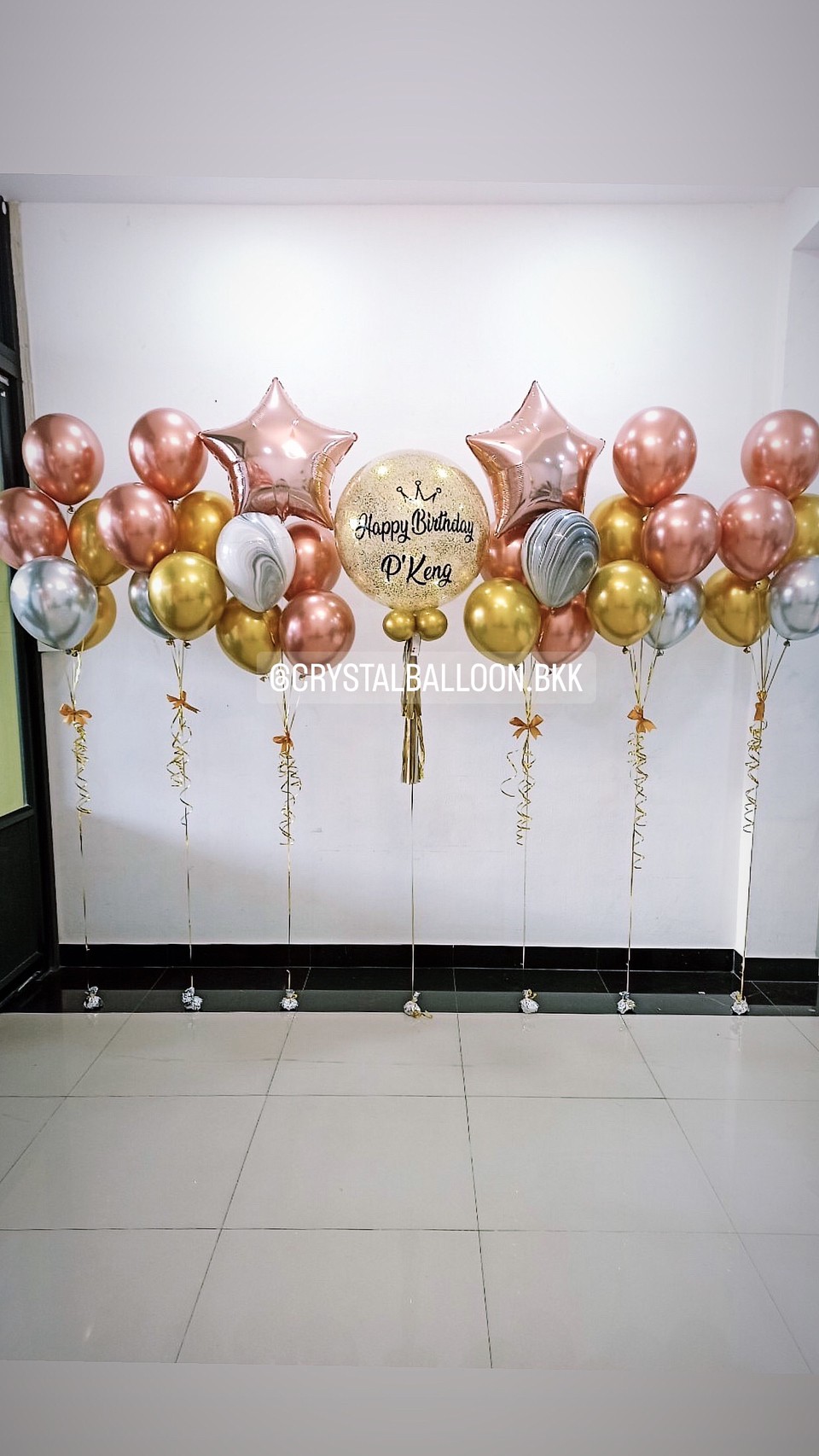 ลูกโป่ง วันเกิด Bubble ขนาด 24" Theme โรสโกลโครเมี่ยม พร้อม ช่อลูกโป่งฟอยล์หัวใจ 24" 2 ช่อ,ลูกโป่งลายหิน USA 2 ลูก,ลูกโป่งโครเมี่ยม ช่อ 5 ลูก 4 ช่อ พร้อมตกเเต่ง สามารถเปลี่ยนสีลูกโป่ง/เปลี่ยนข้อความ/เปลี่ยนขนาดได้