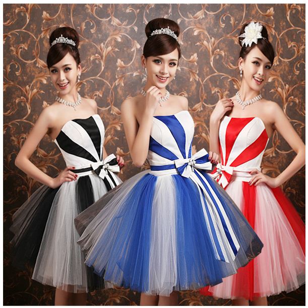 พร้อมส่ง ชุดแฟนซี ชุดราตรีสั้น กระโปรงสุ่ม ลายทางริ้ว เก๋มาก สีดำขาว