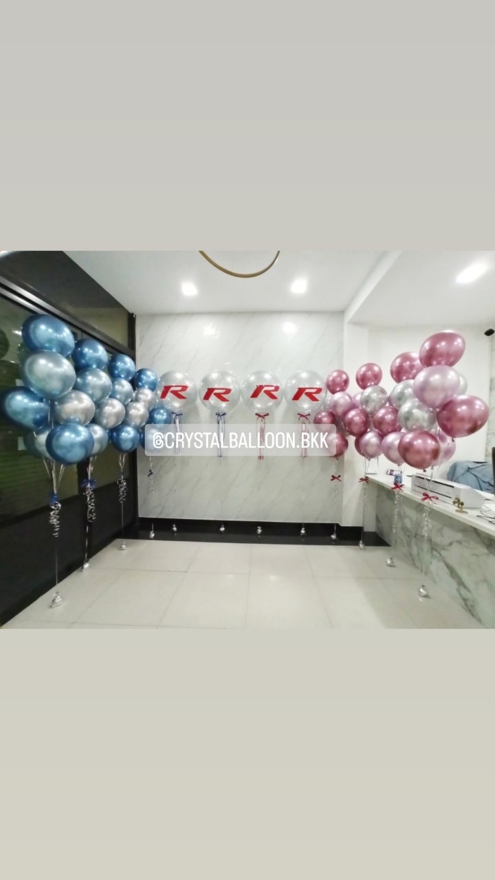 ลูกโป่ง เปิดงาน Bubble ขนาด 24" กลิตเตอร์สีเงิน 4 ลูก พร้อมตกแต่ง ช่อลูกโป่งสีโครเมี่ยม ช่อ 7 ลูก 8 ช่อ พร้อมตกแต่ง สามารถเปลี่ยนสีลูกโป่ง/เปลี่ยนข้อความ/เปลี่ยนขนาดได้