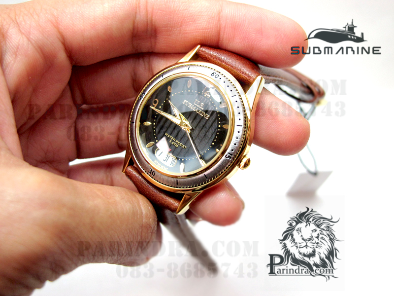 นาฬิกา US submarine รุ่น J093MD สายหนังน้ำตาลหน้าปัดดำ หนังนุ่มมากๆ Japan Movement ของแท้ 100%