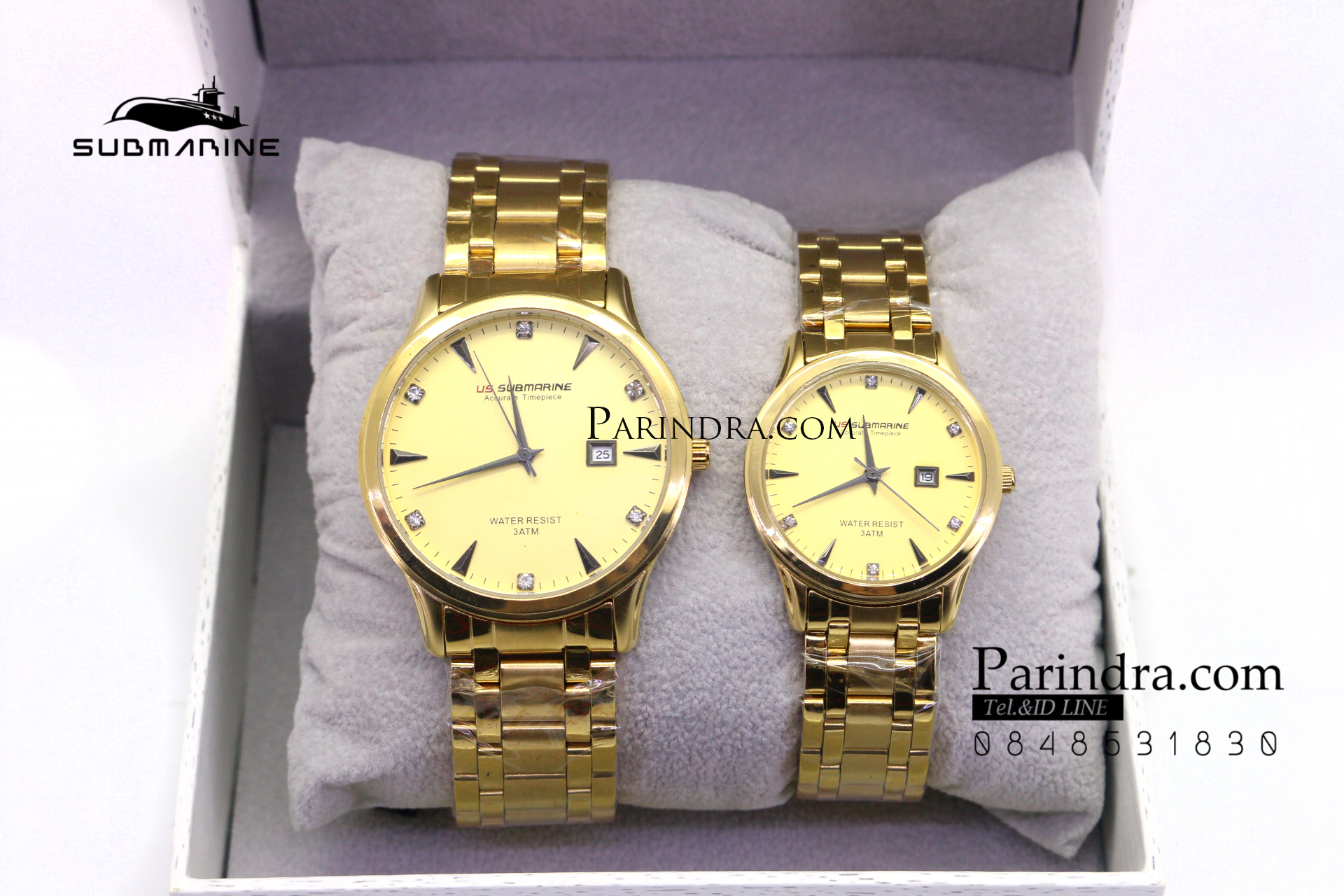 นาฬิกาคู่ US submarine รุ่น J116MD เรือนสีทองหน้าปัดสีทอง เเลขเพชร แพคคู่