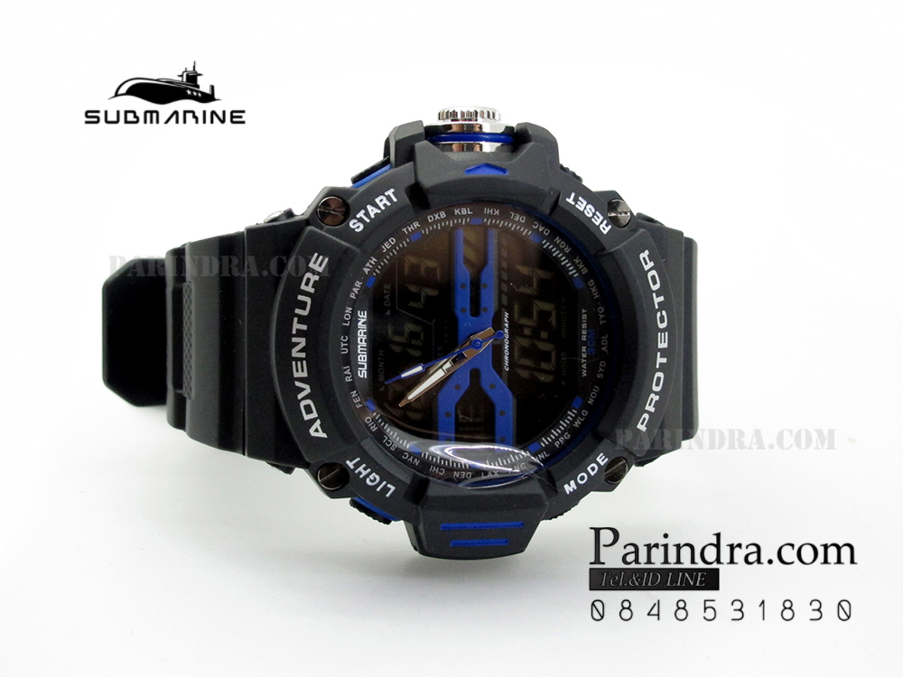 นาฬิกา US submarine รุ่น TP3164M สีดำตัดน้ำเงิน พื้นหลังดำ