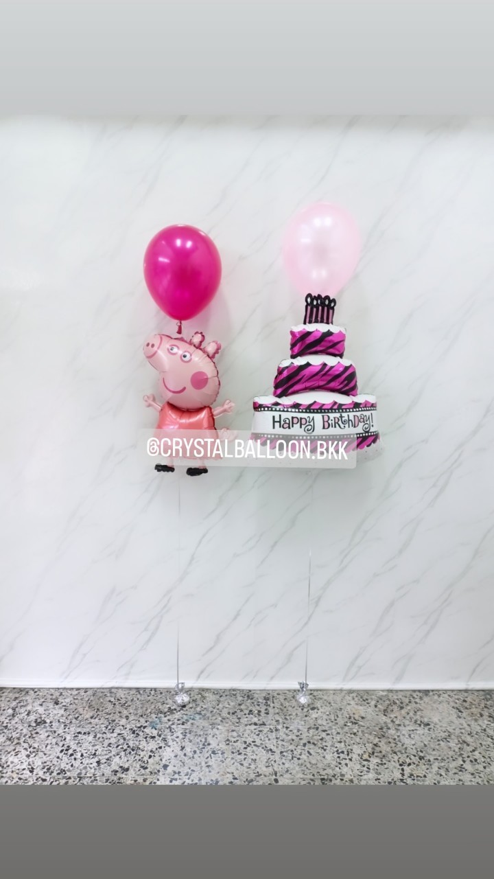 ลูกโป่ง วันเกิดเด็ก ฟอยล์เค้ก ชมพู 1 ชิ้น พร้อมตกแต่ง ฟอยล์ Peppa Pig 1 ชิ้น สามารถเปลี่ยนสีลูกโป่ง/เปลี่ยนฟอยล์ตกแต่งได้