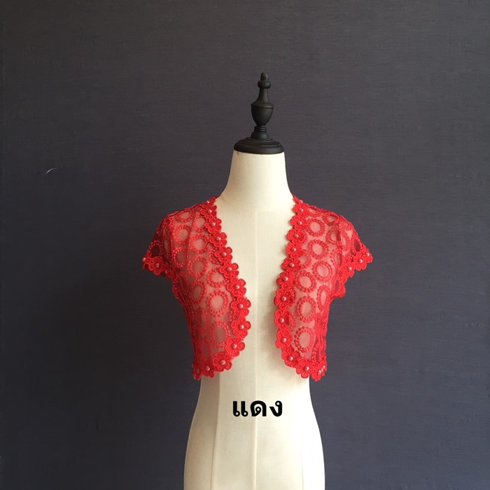 เสื้อคลุมชุดราตรีลูกไม้ลายดอกไม้ สีแดง แต่งเกสรมุกสวยหรู