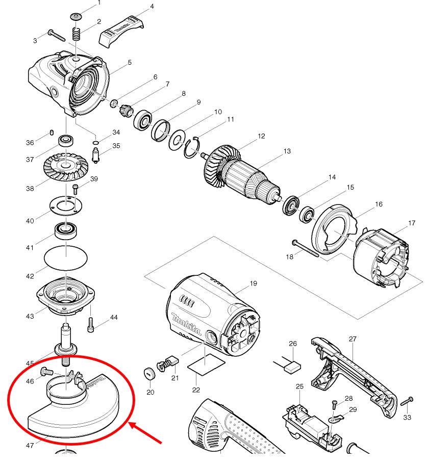 กันสะเก็ด, บังใบ หินเจียร 7" Makita GA7020 และ Maktec MT900, MT901 Pn.154674-0 (แท้) ##(**)