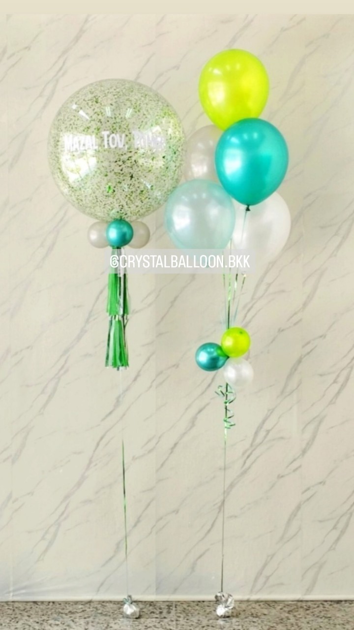 ลูกโป่ง เปิดงาน Bubble ขนาด 24" กลิตเตอร์สีเขียว 1 ลูก พร้อม ช่อลูกโป่ง ช่อ 5 ลูก 1 ช่อ พร้อมตกแต่ง สามารถเปลี่ยนสีลูกโป่ง/เปลี่ยนข้อความ/เปลี่ยนขนาดได้