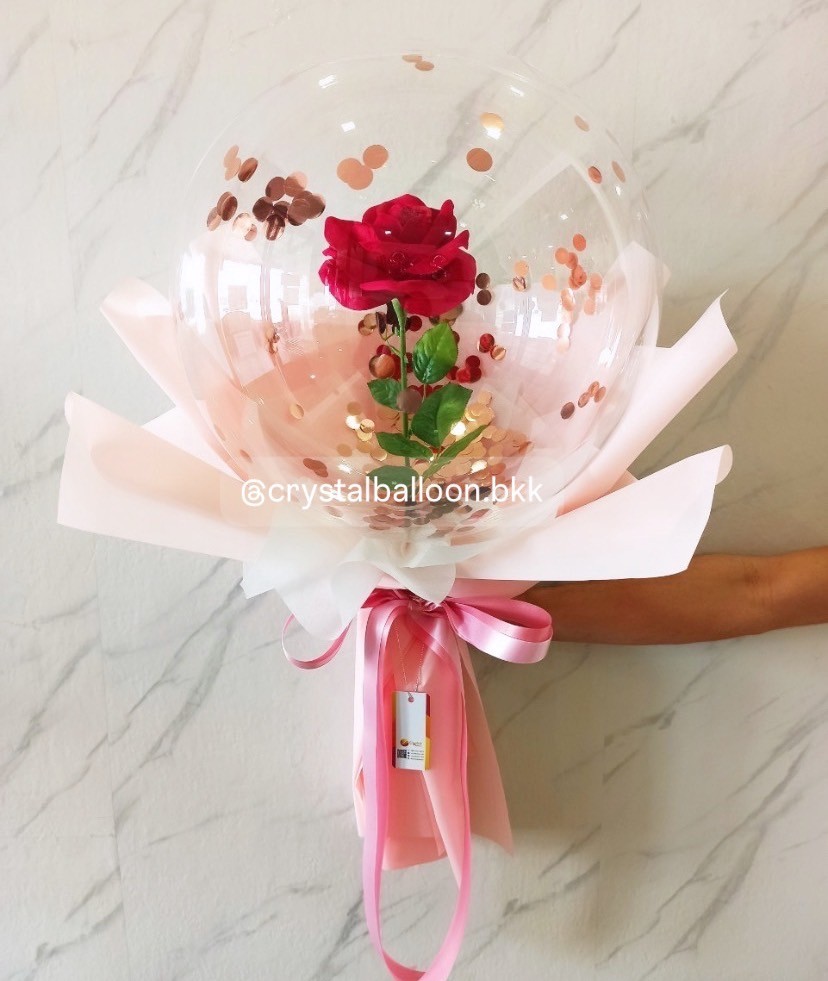 Flower Balloon Valentine's Day ดอกกุหลาบแดงประดิษฐ์ 1 ดอก Bubble ขนาด 18" พร้อม ไฟประดับ 1 ชิ้น,สามารถใส่เงิน 30 ใบ พร้อมตกแต่ง สามารถเปลี่ยนข้อความ/เปลี่ยนสีได้