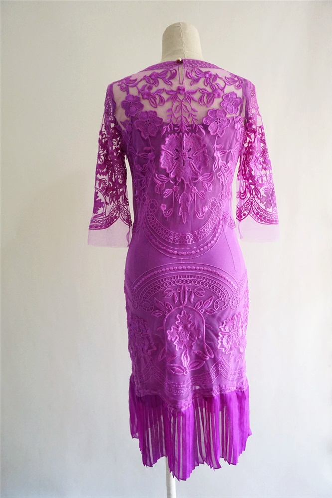 พร้อมส่ง ชุดราตรีสั้น/แขนยาว สี ม่วง ลูกไม้ทั้งชุด กระโปรงอัดพลีท (เหลือเฉพาะไซส์ 2XL)