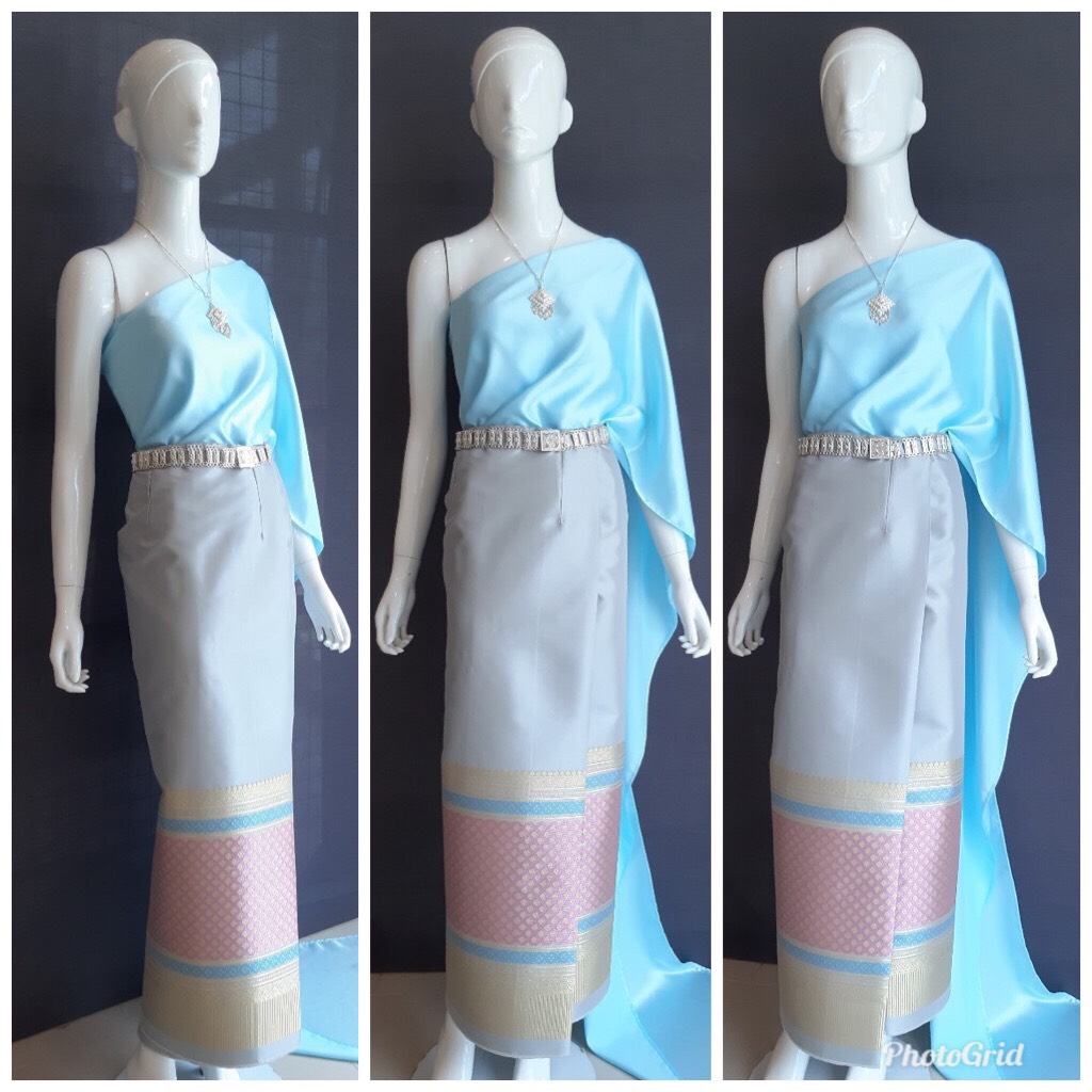 เช่า ชุดไทย ชุดเพื่อนเจ้าสาว ชุดไทยผ้าซิ่นสีเทาเงิน สไบเรียบสีฟ้า