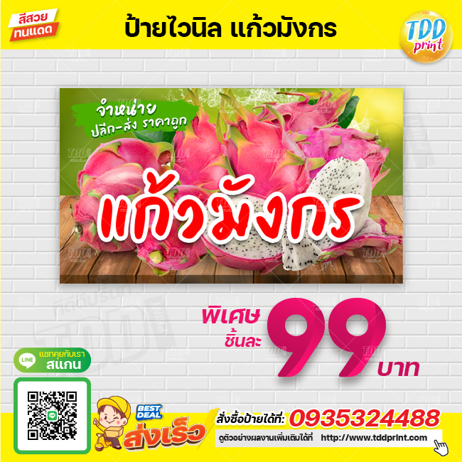ป้ายไวนิลผลไม้แก้วมังกร V1 ป้ายทนแดด กันน้ำ ภาพคมชัด สีสวยสดใส พร้อมใช้งาน