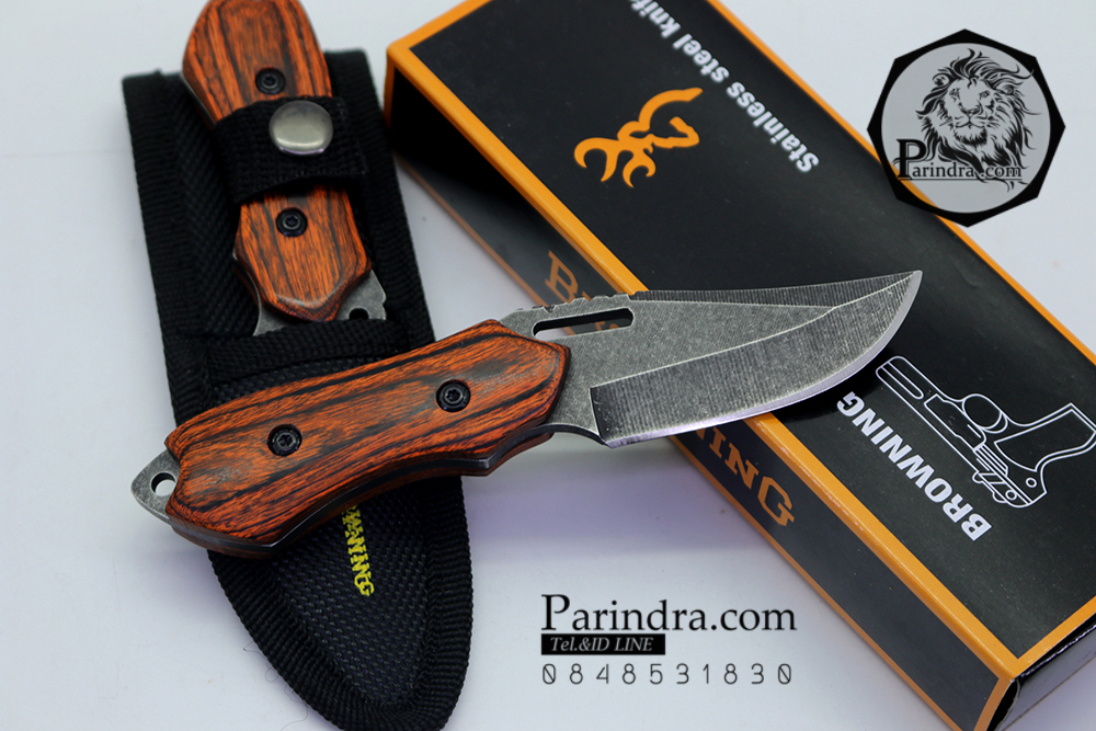 มีดใบตายขนาดเล็ก พกพา Browning X002 ด้ามไม้ มาพร้อมซองพก (OEM)