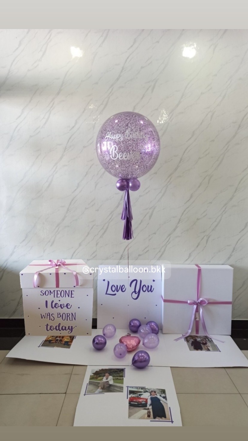 Happy birthday Surprise Box กล่องเซอร์ไพรส์วันเกิด Bubble ขนาด 24" กลิตเตอร์สีม่วง ,พร้อมตกแต่ง สามารถใส่รูปได้ 4 ใบ สามารถเปลี่ยนสีลูกโป่ง/เปลี่ยนข้อความได้