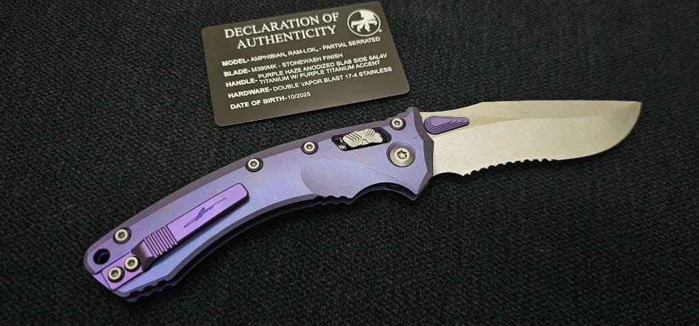 Microtech Marfione Select Amphibian RAM LOK Purple Haze Titanium Handles & Part Serrated Stonewash M390MK w/ Double Vapor Blast & Purple Accents