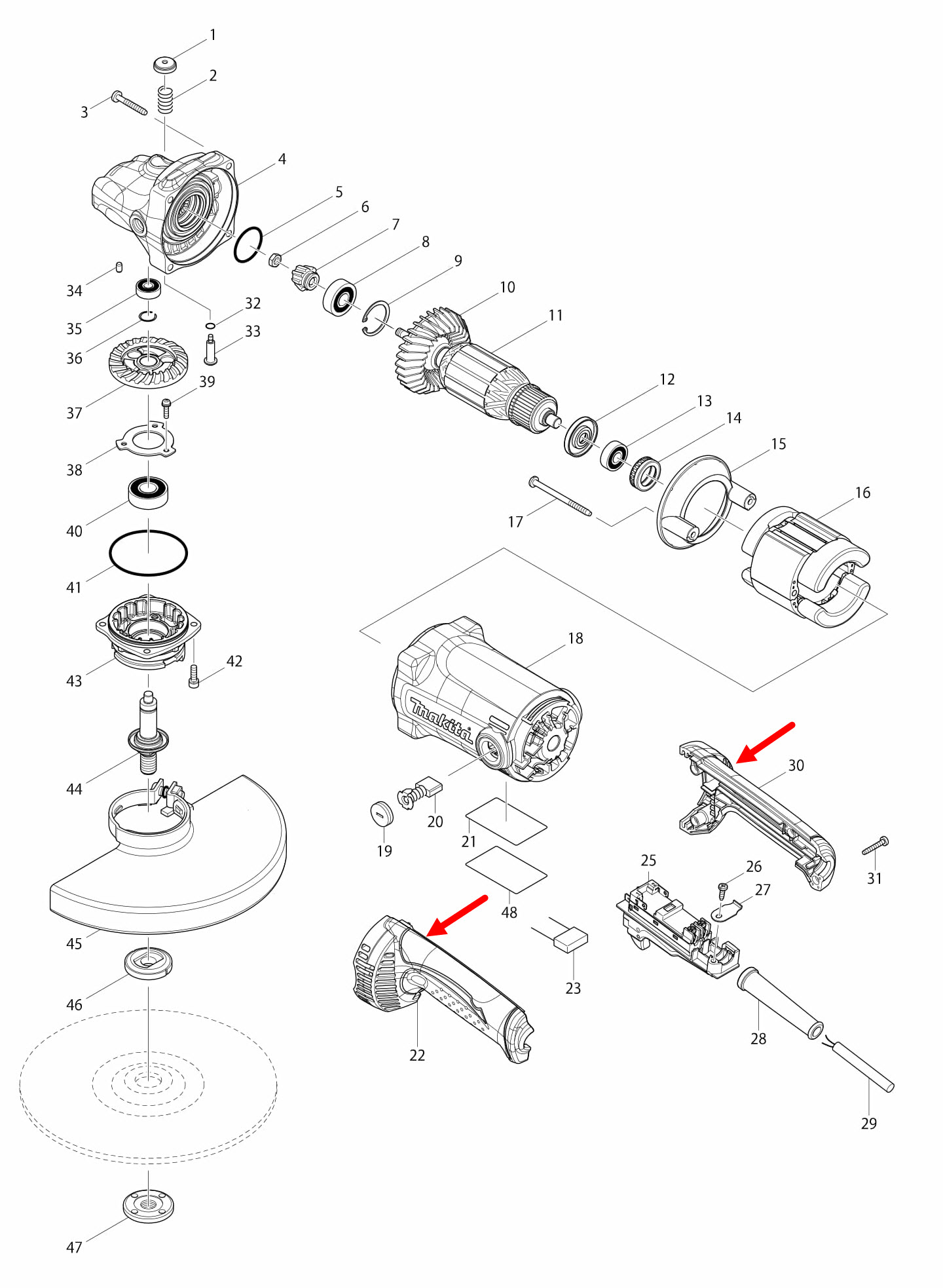 ด้ามจับ หินเจียร Makita มากีต้า GA7050, GA9050 Pn.188848-1 (แท้) ##
