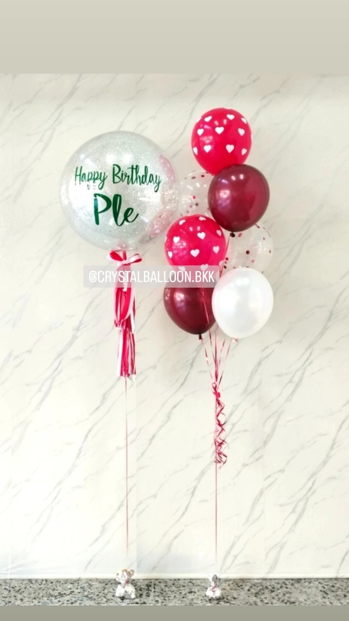 ลูกโป่ง วันเกิด Bubble ขนาด 24" กลิตเตอร์สีเงิน 1 ลูก พร้อม ช่อลูกโป่ง ช่อ 7 ลูก 1 ช่อ Theme สีแดง พร้อมตกแต่ง สามารถเปลี่ยนสีลูกโป่ง/เปลี่ยนข้อความ/เปลี่ยนขนาดได้