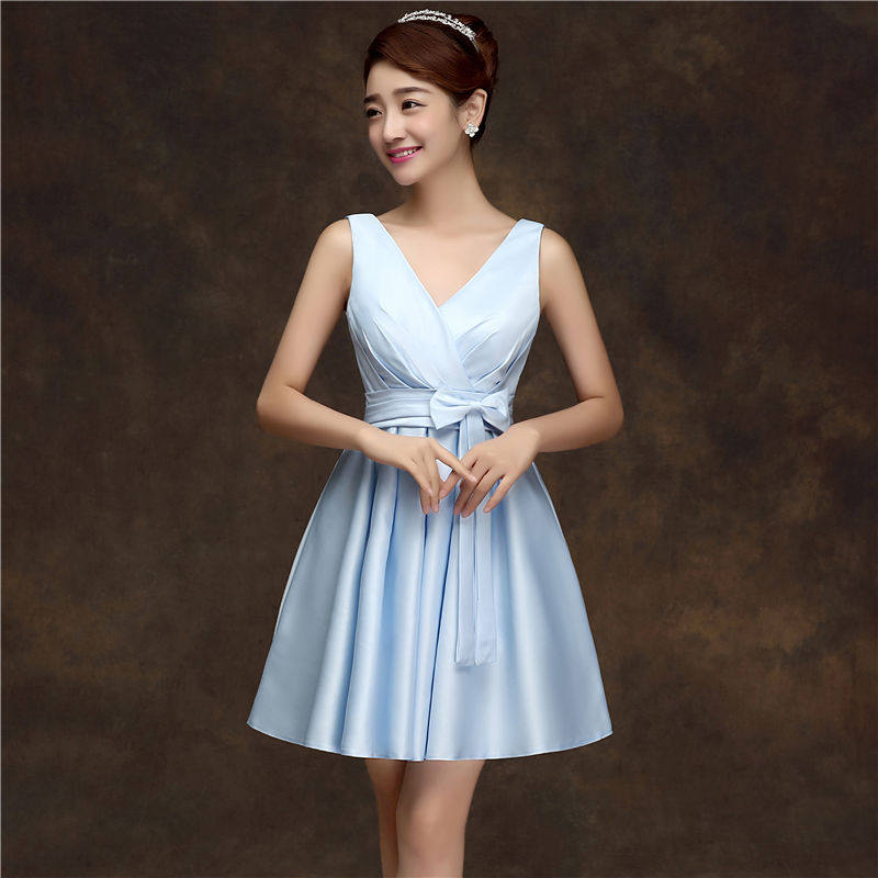พร้อมเช่า ชุดราตรีสั้น แขนกุด สีฟ้า ผ้าซาติน คาดเอวสีฟ้า แต่งโบว์ตรงเอว