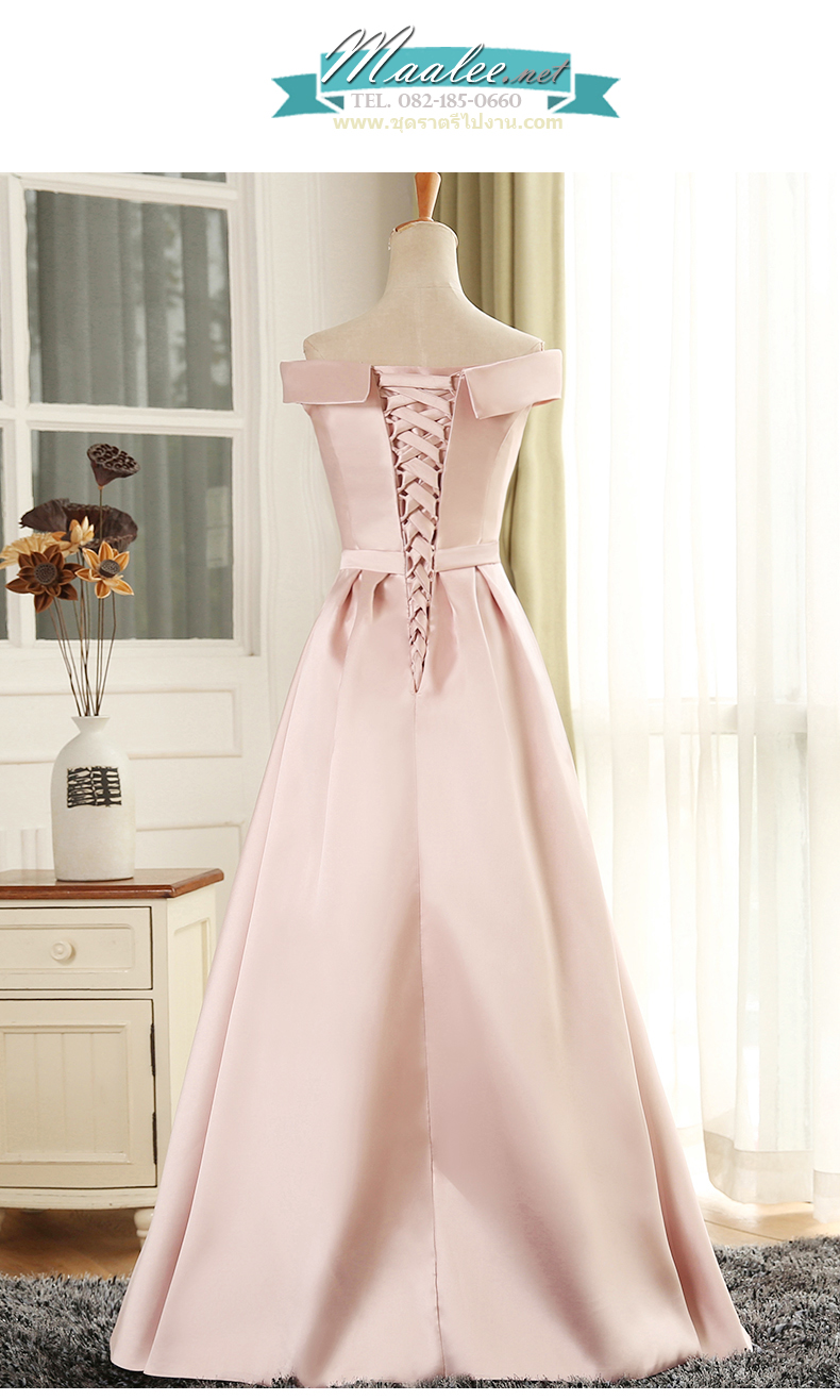 พร้อมเช่า ชุดราตรียาว แบบไหล่ปาด ผ้าซาติน กระโปรงจับจีบ เพิ่มโบว์ช่วงเอว สีชมพู (เชือกผูกหลัง)