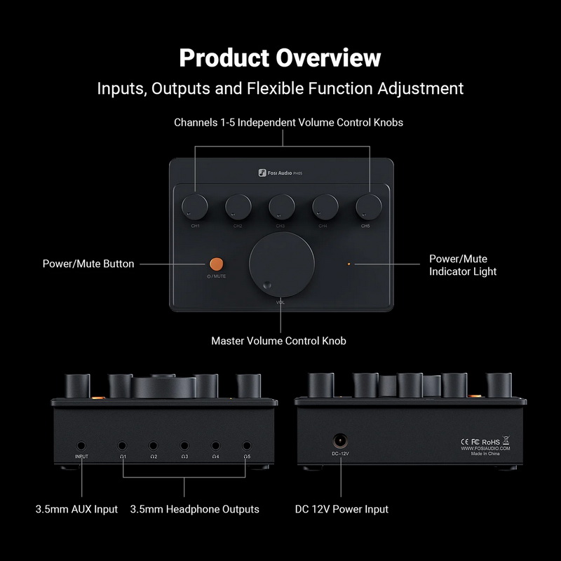 Fosi PH05 ตัวแยกสัญญาณ 3.5 มม. AUX ออกหูฟังได้ถึง 5 ตัว ประสิทธิภาพสูง ประกันศูนย์ไทย