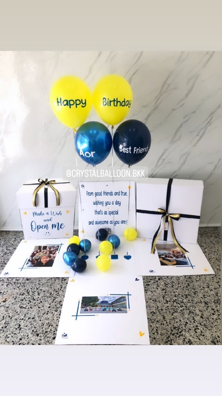 Happy Birthday Surprised Box พร้อมตกแต่งลูกโป่ง 4 ลูก,สามมารถใส่รูปได้ 2 รูป สามารถเปลี่ยนสีลูกโป่ง/เปลี่ยนข้อความได้