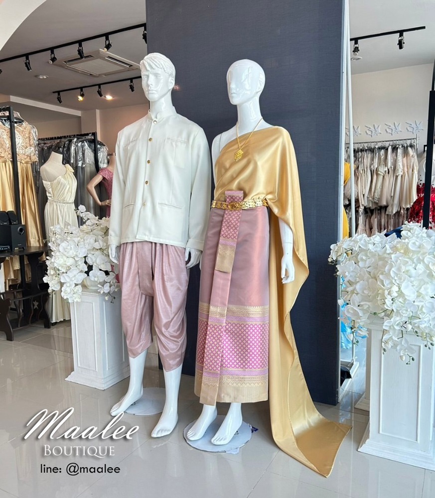 เช่า ชุดไทย ชุดเพื่อนเจ้าสาว ชุดไทยผ้าซิ่นสีเทาส้ม สไบเรียบสีทอง