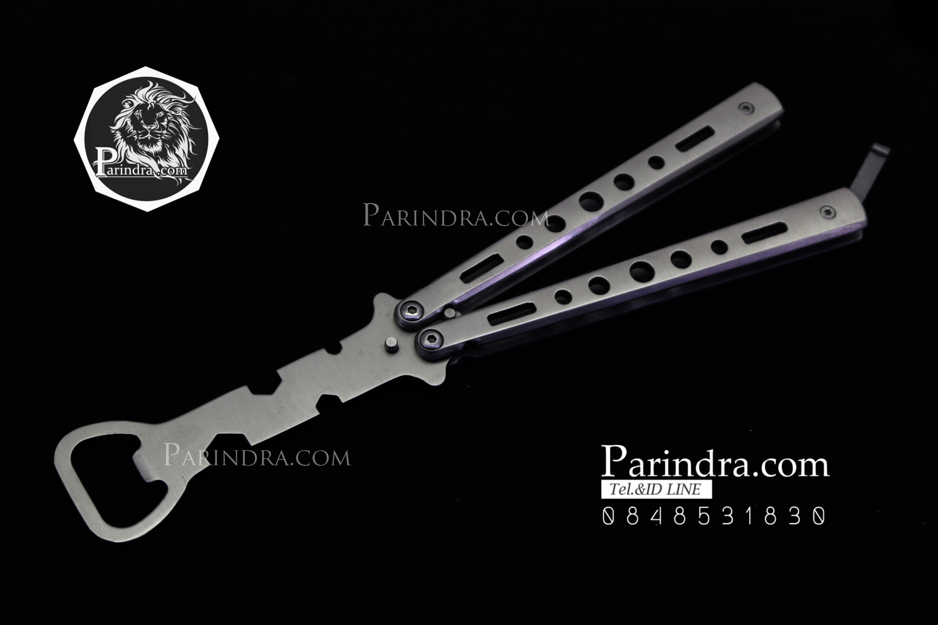 มีดบาลีซอง Balisong มีดควง มีดปีกผีเสื้อ แบบมีที่เปิดขวด และขันน๊อตห้าเหลี่ยม สีเงิน BLA011