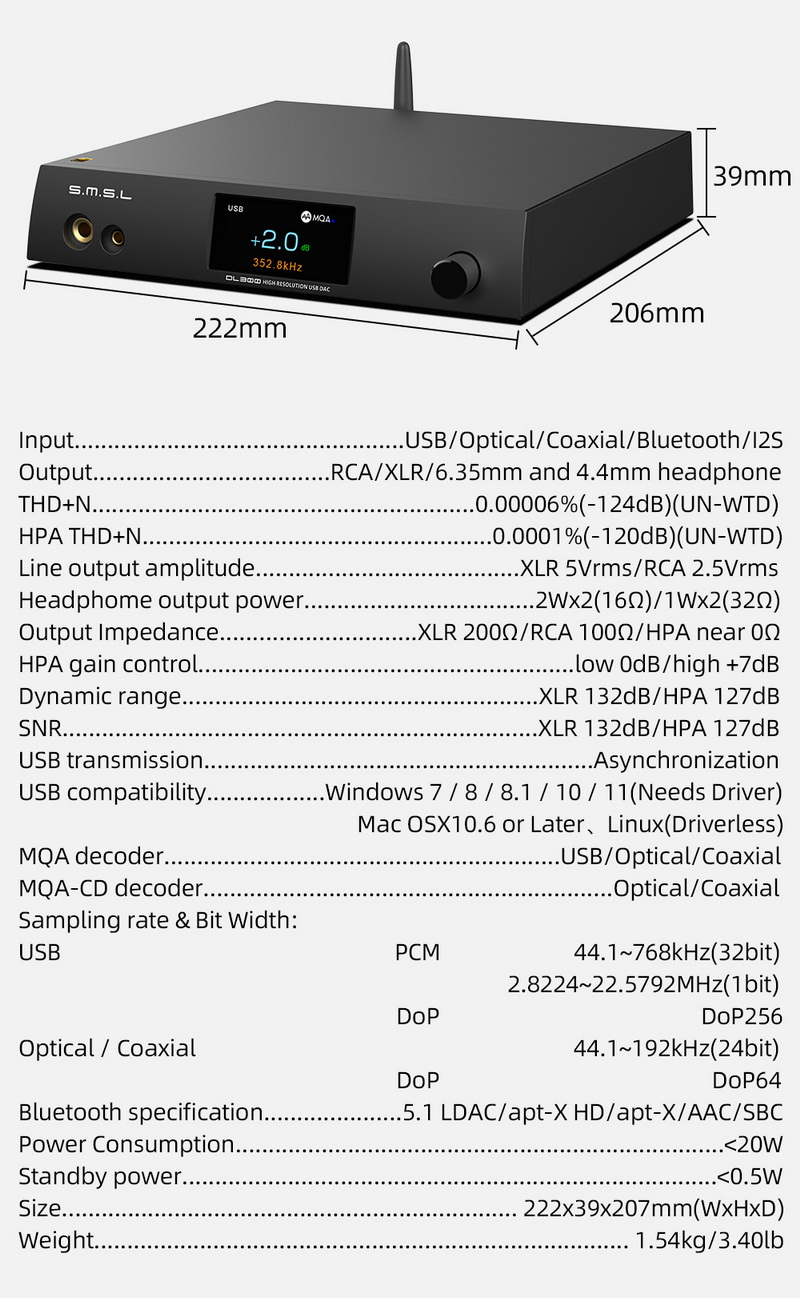 SMSL DL300 DAC/AMP ตั้งโต๊ะ รองรับ MQA, Dual Hi-Res ประกันศูนย์ไทย