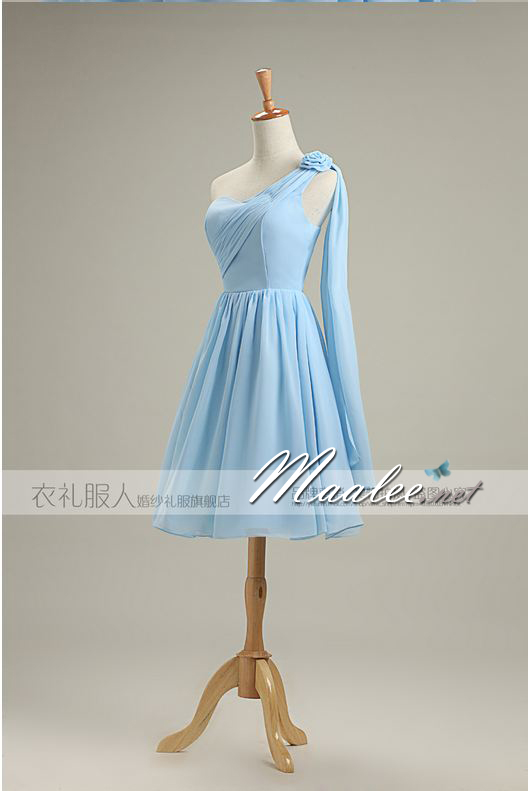 พร้อมเช่า ชุดราตรีสั้น สีฟ้าอ่อน ชุดเพื่อนเจ้าสาว Blue-001D